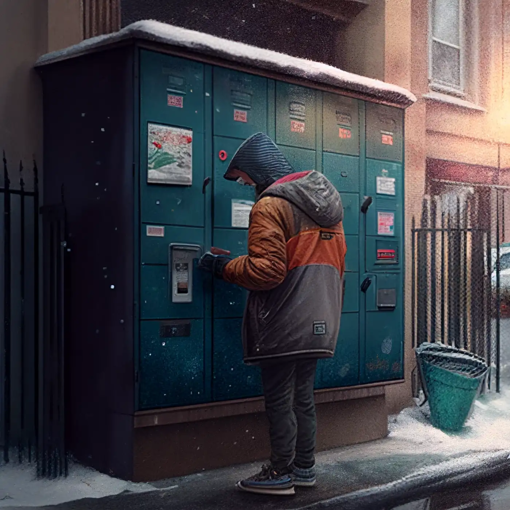 man in the cold picking up a delivery at the locker station