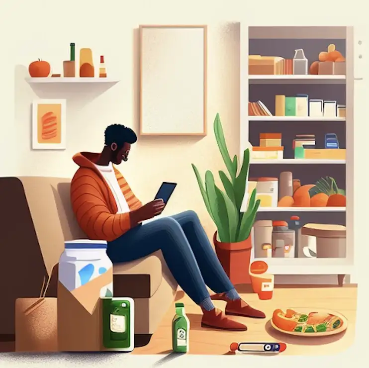 man sitting on the sofa and ordering groceries with a tablet